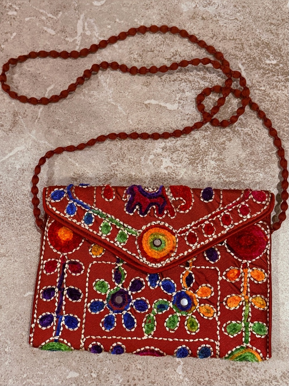 NWOT:Handmade Embroidered Red Floral mirror work Crossbody/Shoulder/Clutch Purse